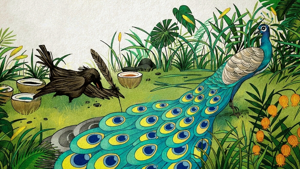 Truyện cổ tích Sự tích bộ lông quạ và bộ lông công